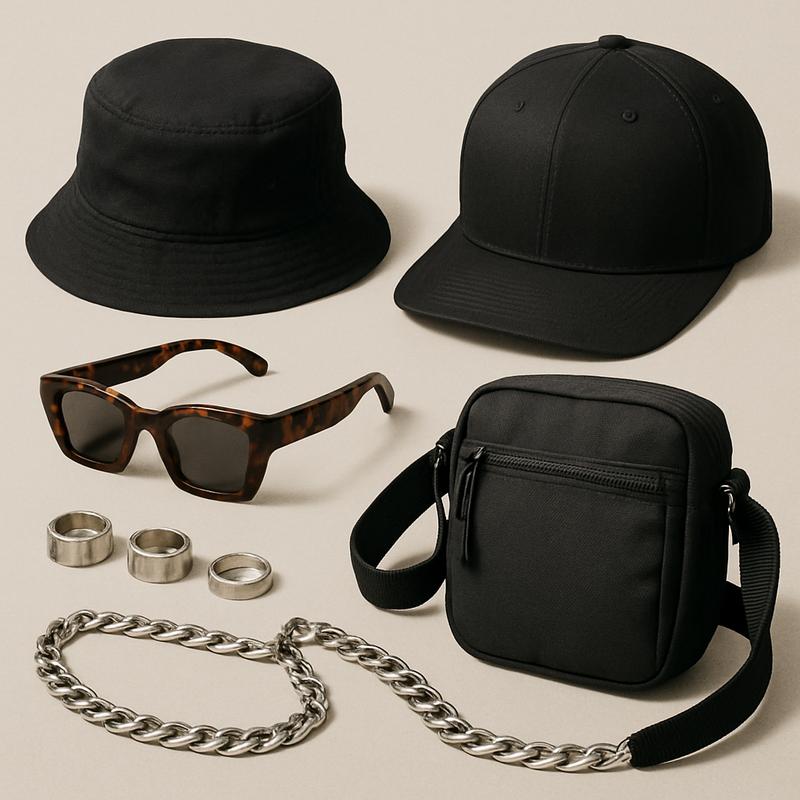 Black minimalist accessories including hats, sunglasses, rings, chain, and crossbody bag